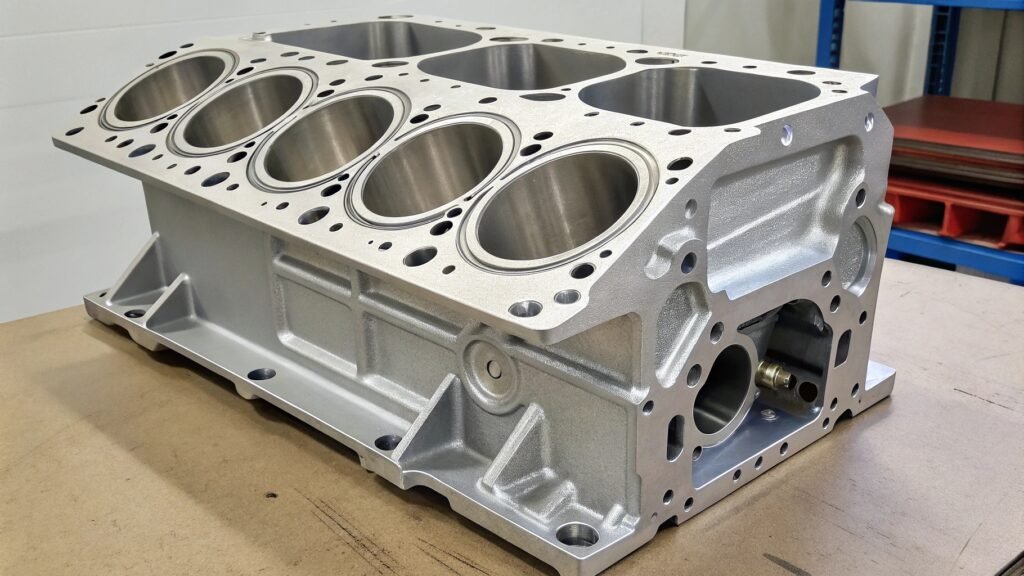 alt with keywords: infographic comparing a lighter aluminum engine block to a heavier iron block on a scale